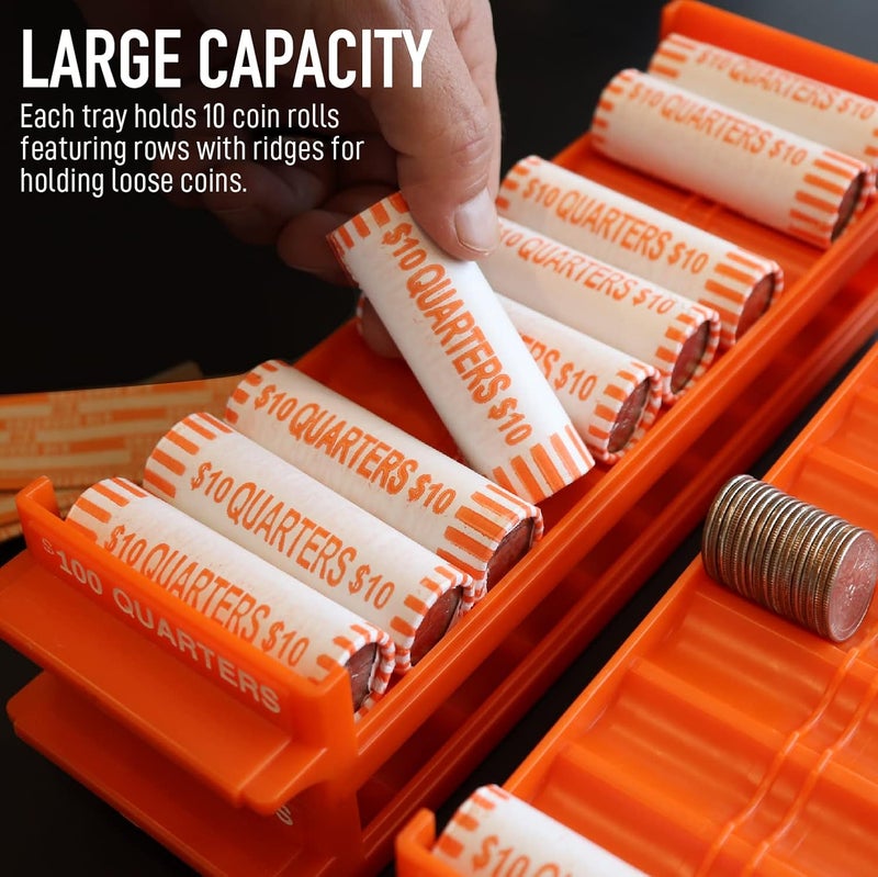 Nadex Heavy Duty Quarter Coin Trays with Wrappers - Holds Up to $100 in Quarters Per Tray – Stackable Organizer for Coin Rolls and Loose Change - for Retail, Business, Personal Use - 4 Quarter Trays - Image 2